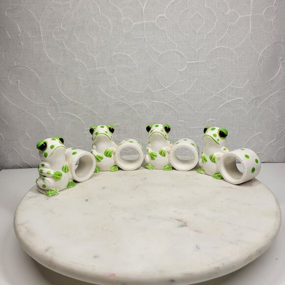 VTG Schmid Bros Frog Napkin Rings Ceramic Green White Hand Painted Japan 4 - Picture 6 of 16